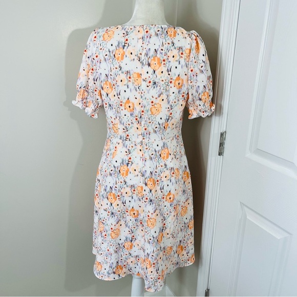 LOFT White with Orange & Blue Floral V-Neck Puff Sleeve Fit & Flare Dress - 6 - Picture 10 of 13